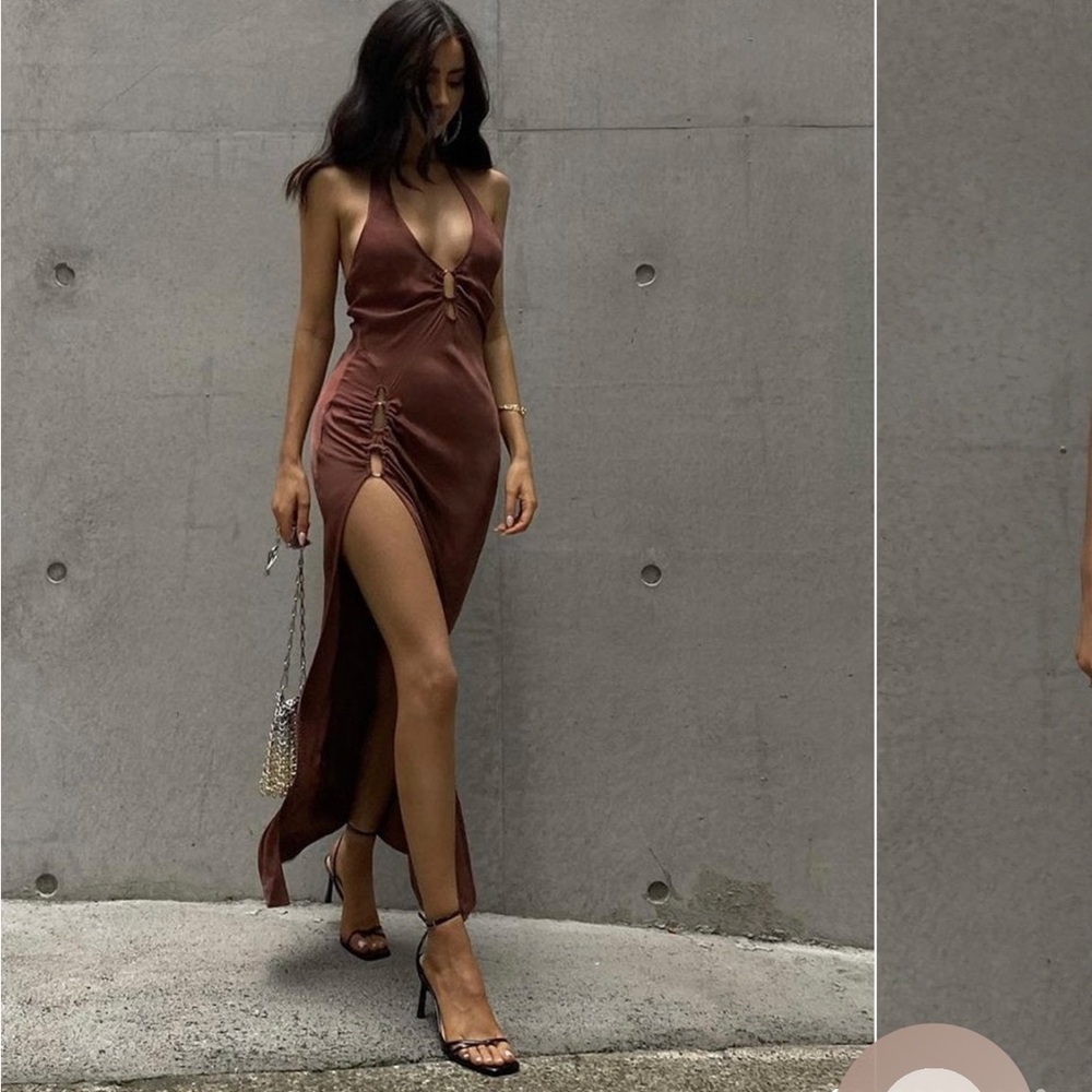 Chocolate Halter Neck Side Split Midi Dress from meshki
